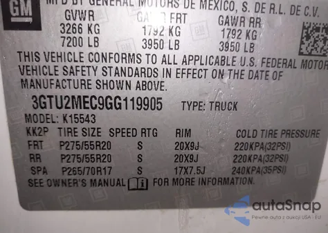 2016 GMC Sierra 1500 Sle z USA, uszkodzony, nr VIN 3GTU2MEC9GG119905